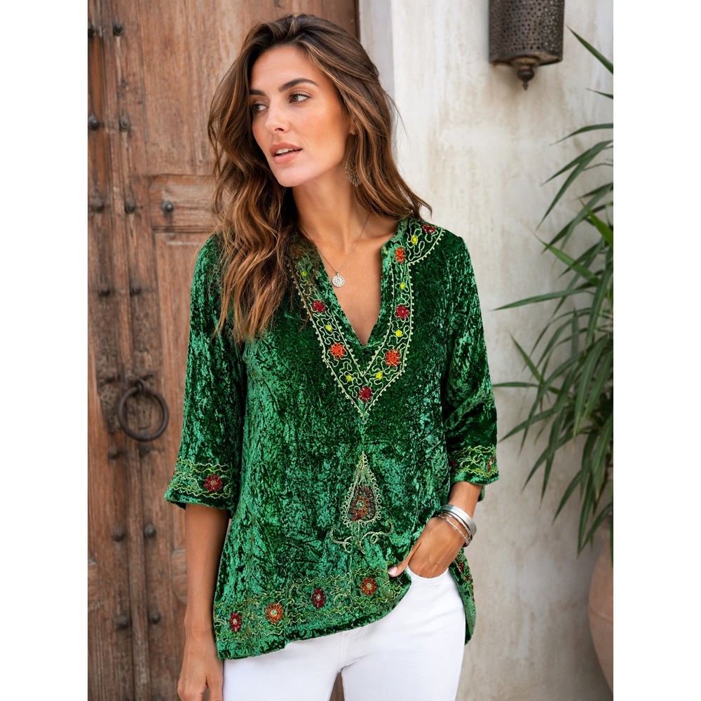 Emerald Green Embroidered Velvet V-Neck Tunic Top Size Small